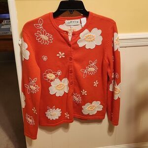 Orvis Women's Orange Buttoned Cardigan with Stitched Flowers Size S